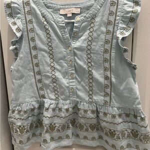 LOFT Blue Blouse with Sage Green Embroidery  Small Petite